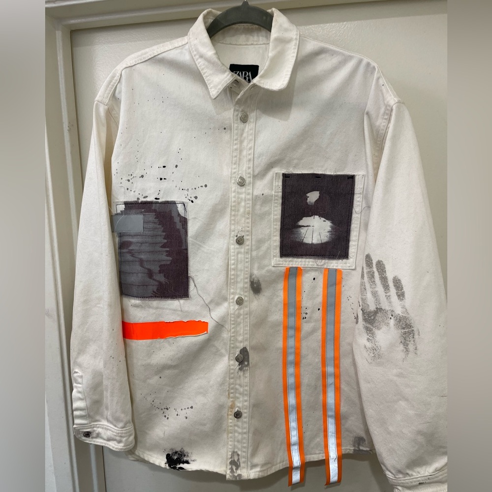 Zara men’s cream, orange, and grey long sleeve button up.